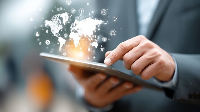 Engaging with Digital Connectivity: A Person Exploring Global Interactivity Through a Touchscreen Device - Powered by Adobe