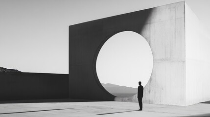 A man stands in front of a large concrete structure