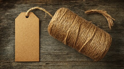 Twine and Tag on Rustic Wooden Background Showcasing Natural Materials Ideal for Crafting and Labeling