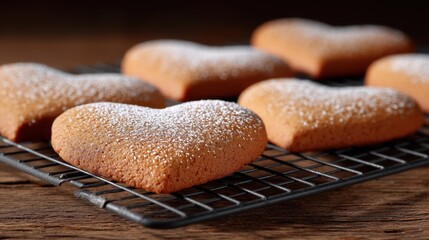 Freshly Baked Heart-Shaped Cookies with Powdered Sugar on a Cooling Rack, Perfect for Any Celebration or Sweet Occasion