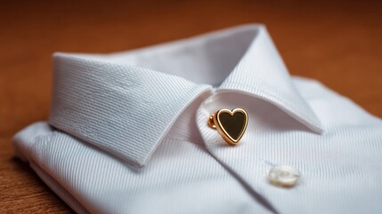 Elegant white shirt with heart-shaped cufflink resting on wooden surface, showcasing fine fabric texture and classic styling perfect for formal occasions.