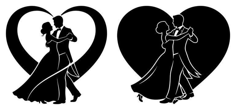 Wedding couple dancing silhouette inside heart frame vector illustration of bride and groom performing waltz for marriage invitation design