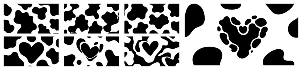 Cute Cow Skin Pattern Vector Set with Heart Shaped Spots and Black Animal Print Texture