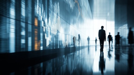 Silhouetted Businessman Walking Through a Modern Office Space Surrounded by Colleagues and Digital Displays of Financial Data