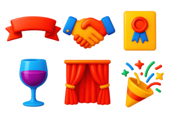 Elegant Event Icons. 3D icon set of formal events: ribbon banner, handshake, invitation card, wine glass, stage curtain, confetti