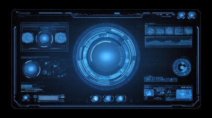 Futuristic Digital Interface with Blue Glowing Elements and Data Visualization for Technology and Innovation Themes