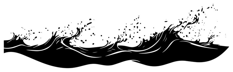 Hand drawn ocean wave silhouette with splashing water drops vector illustration of a stormy sea tide or surf movement