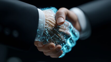 A Unique Synthesis of Traditional and Modern Handshake Demonstrating the Fusion of Humanity and Technology in Business Interactions