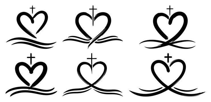Christian cross inside heart vector symbols set of religious calligraphy logos representing faith and love for church design