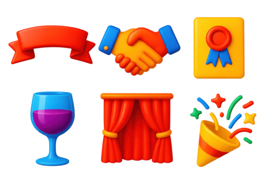 Elegant Event Icons. 3D icon set of formal events: ribbon banner, handshake, invitation card, wine glass, stage curtain, confetti