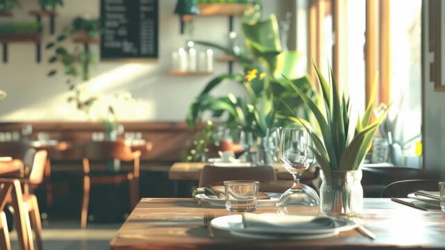 Restaurant Interior with Tables Set for Dinner