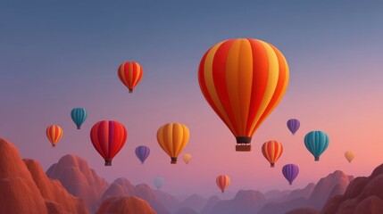 Fototapeta premium Colorful Hot Air Balloons Floating Above Majestic Mountains in a Serene Twilight Sky During an Enchanting Sunrise Landscape Scene