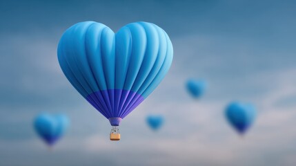Obraz premium Colorful heart-shaped hot air balloon soaring in a serene sky, symbolizing love, romance, and adventure with a scenic backdrop of soft clouds