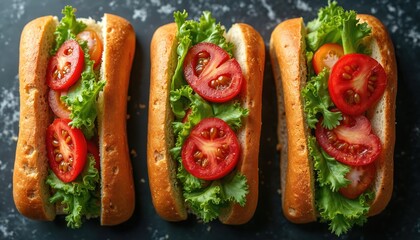 Three fresh sub sandwiches with lettuce, sliced tomatoes fill black granite surface. Toasted buns split, stuffed with crisp green leaves, juicy red tomato slices. Delicious snacks ready for healthy