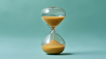 Elegant hourglass filled with golden sand against a soft turquoise background representing the passage of time and the beauty of life's fleeting moments.