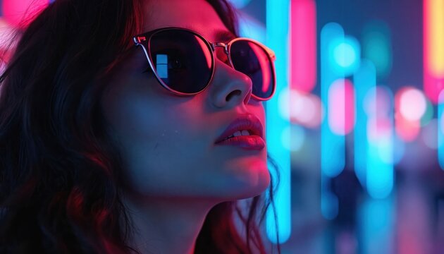 Young woman with sunglasses in neon light. Close-up portrait shows stylish face with vibrant color glow. Cyberpunk city background with bright bokeh effect. Female model posing for fashion photo - Powered by Adobe