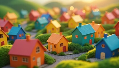 Colorful small model houses in neat rows on green hills. Tiny diverse neighborhood buildings symbolize community care togetherness and eco-friendly living concepts. Miniature suburb scene.