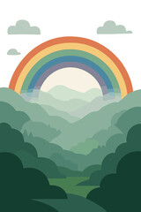 A crescendo of a vivid rainbow arching over a misty valley after rain, featured in travel magazines and destination branding, crafted for outdoor publications and nature guides, and utilized by