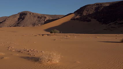 A trip to Sahara desert in Algeria. Beautiful
african travel photo. Sandy landscapes, mountains, rocks,
dunes, and nature. Summer vacation in arab country.