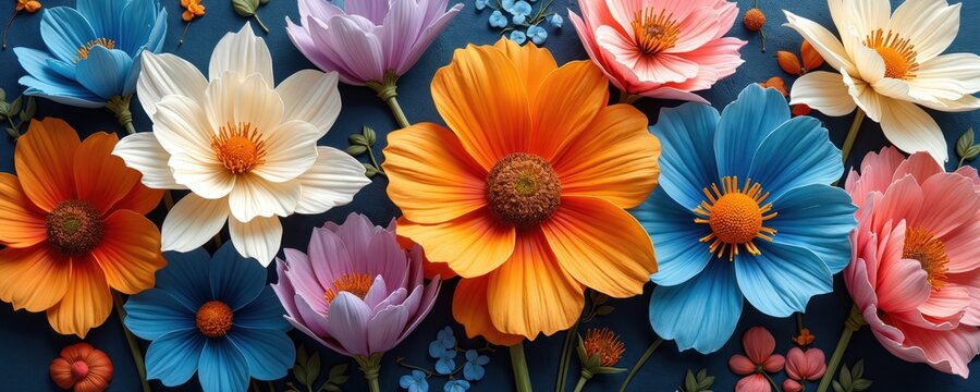 Large colorful flowers with layered petals in orange, blue, pink, purple, white arranged on dark blue background. Blooming petals create vibrant botanical pattern, perfect for decor. Gentle floral - Powered by Adobe