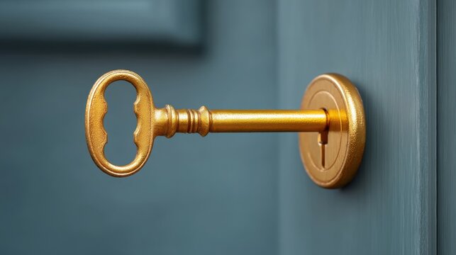 Antique golden key inserted into a vintage lock mechanism on a blue wooden door depicting concepts of security, access, and opportunity with elegance - Powered by Adobe