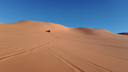 A trip to Sahara desert in Algeria. Beautiful 
african travel photo. Sandy landscapes, 
dunes, and nature. Summer vacation in arab country.