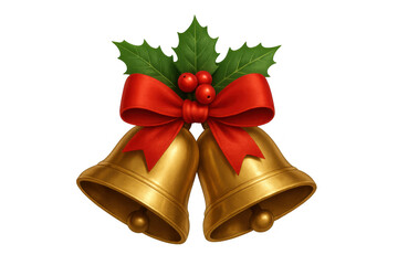 Golden christmas bells decorating with red ribbon bow and green holly leaves, adding festive holiday cheer, transparent background