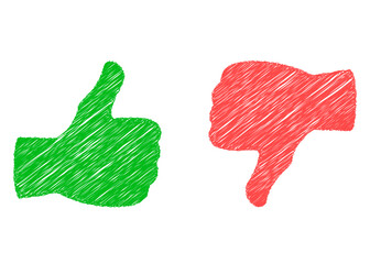 Thumbs up and thumbs down icons. Like and dislike symbols in simple doodle thin-line style. Hand-drawn vector illustration for feedback, rating and approval concepts.
