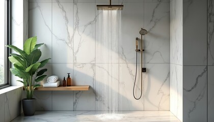 Modern spa shower bathroom features white marble walls, floor. Rain showerhead flows, golden brass fixtures gleam. Potted green plant by large window. Natural light streams in, clean towels, amber