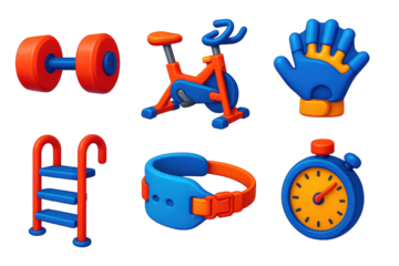 Aquatic Fitness Icons. 3D icon set of aquatic fitness: water dumbbells, aqua bike, resistance gloves, pool steps, floating belt,