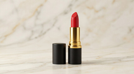 Red lipstick on marble background for beauty blogging and cosmetic adverts. Red lipstick gives vibrant color and confidence. Concept red lipstick for makeup tutorials,
