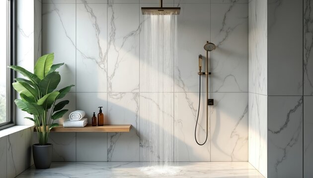Modern spa shower bathroom features white marble walls, floor. Rain showerhead flows, golden brass fixtures gleam. Potted green plant by large window. Natural light streams in, clean towels, amber