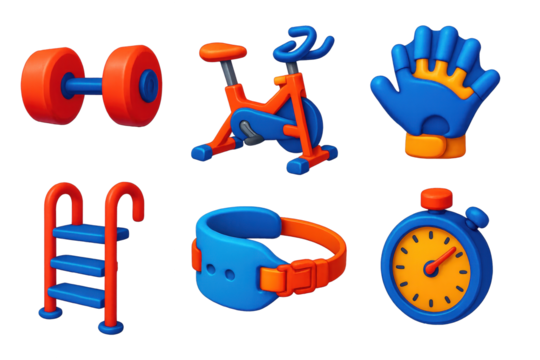 Aquatic Fitness Icons. 3D icon set of aquatic fitness: water dumbbells, aqua bike, resistance gloves, pool steps, floating belt,
