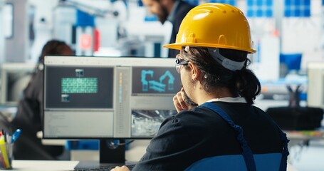 Photovoltaics factory specialist planning adjustments on facility floor in CAD program on PC. Solar panels manufacturing plant technician designing conveyor belts, camera B