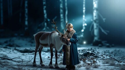 A young boy standing next to a reindeer in a snowy forest