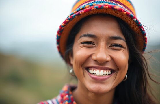 Joyful young woman wears vibrant knitted chullo hat outdoors. Smiles broadly, showing bright white teeth, happy crinkled eyes. Expressive face reflects genuine happiness, cultural pride, native
