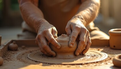 Persons skilled hands expertly shape earthen clay on spinning potters wheel. Mold beautiful ceramic pot outdoors under warm sun. Traditional artisan craft taught in serene rural workshop, patiently