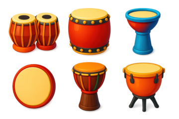 Vibrant Drum Icons. 3D icon set of world drums: tabla, taiko, doumbek, frame drum, djembe, kettle drum. A set of 3D-style icons in