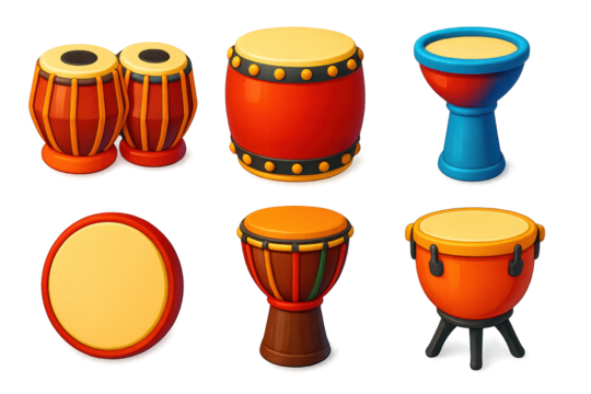 Vibrant Drum Icons. 3D icon set of world drums: tabla, taiko, doumbek, frame drum, djembe, kettle drum. A set of 3D-style icons in
