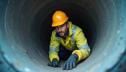 Worker in hard hat and safety vest crawls through large pipe inspecting infrastructure. Man wears gloves and protective gear for industrial work inside tunnel. Safety first in construction.