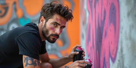 Naklejka premium Man drawing graffiti art. He holds spray paint cans near concrete wall with graffiti in urban place. Street artist with colourful face creates design with artwork. Tattoo on hand. Lifestyle.