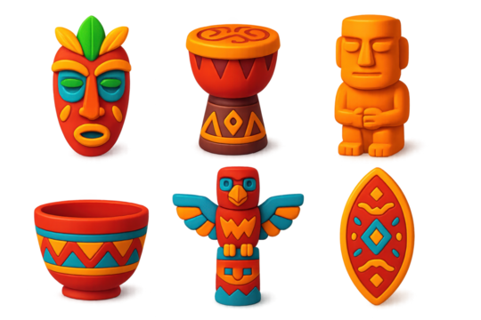 Vibrant Tribal Icon Set. 3D icon set of traditional carvings: tribal mask, drum carving, wooden statue, totem pole, patterned bowl