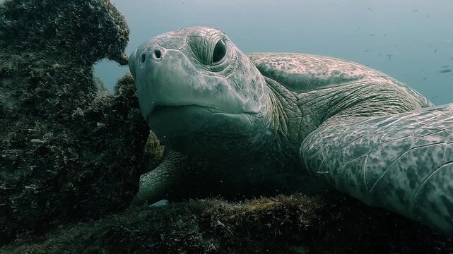Extreme close-up of a green turtle head showing detailed beak and eye texture, filmed in the Sea of Cortez, Baja California, Mexico, revealing calm and alert marine behavior.