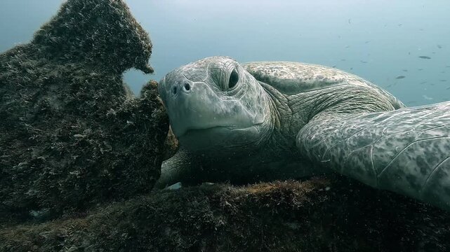 Close-up of a green turtle lifting its head as if noticing someone, eye in sharp focus, filmed in the Sea of Cortez, Baja California, Mexico, showing alert and curious marine behavior.