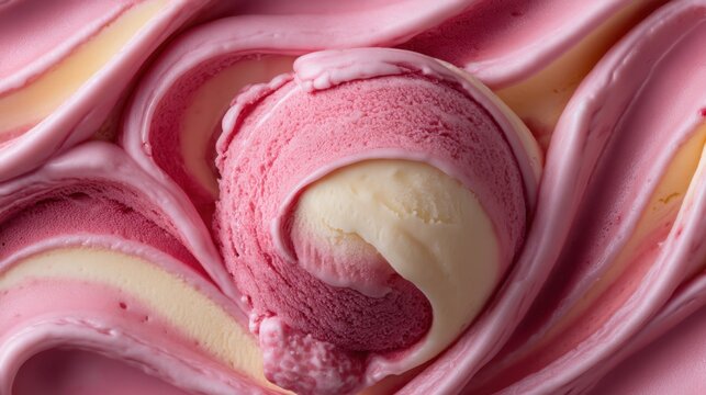 Creamy swirls of pink and yellow ice cream with a scoop, perfect for summer treats and dessert inspiration, showcasing delicious textures and colors