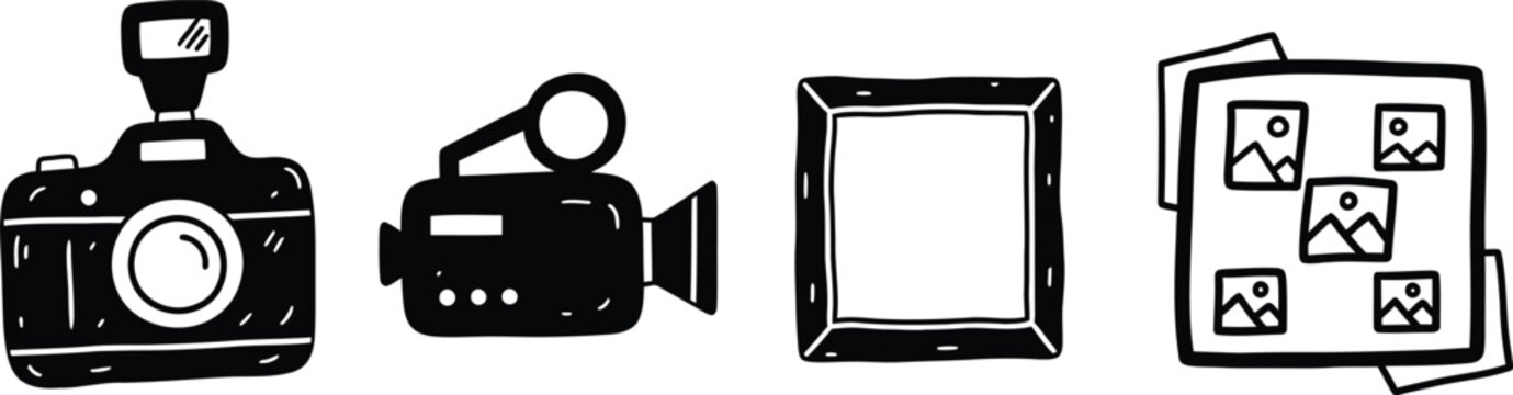 A set of four hand-drawn doodle icons on a single image a wobbly camera with flash a crooked video camera a rough picture frame and an imperfect gallery view all in solid black on white