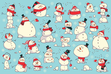 Seamless pattern with cute cartoon snowmen on a blue background. Funny winter illustration for kids, Christmas wrapping paper, festive design, and holiday decoration. Cartoon vector illustration. Set