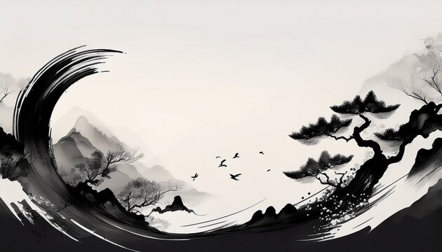 chinese ink black and white abstract wallpaper simple minimal banner of brush strokes artistic japanese painting tradition zen banner splash of paint card paper with dark isolated stains texture