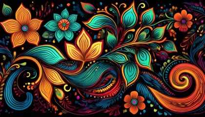 stylized neon abstract hand drawing ethnic folk flowers and leaves pattern isolated background