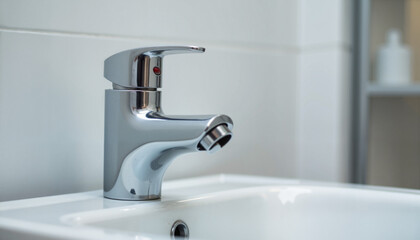 Modern bathroom sink faucet with chrome finish provides water in ceramic sink. Faucet is minimalist, elegant fixture, reflecting cleanliness and efficient design.